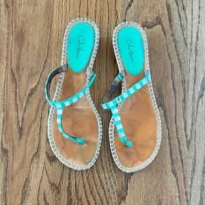 Cole Haan green leather sandals with rhinestones, size 9